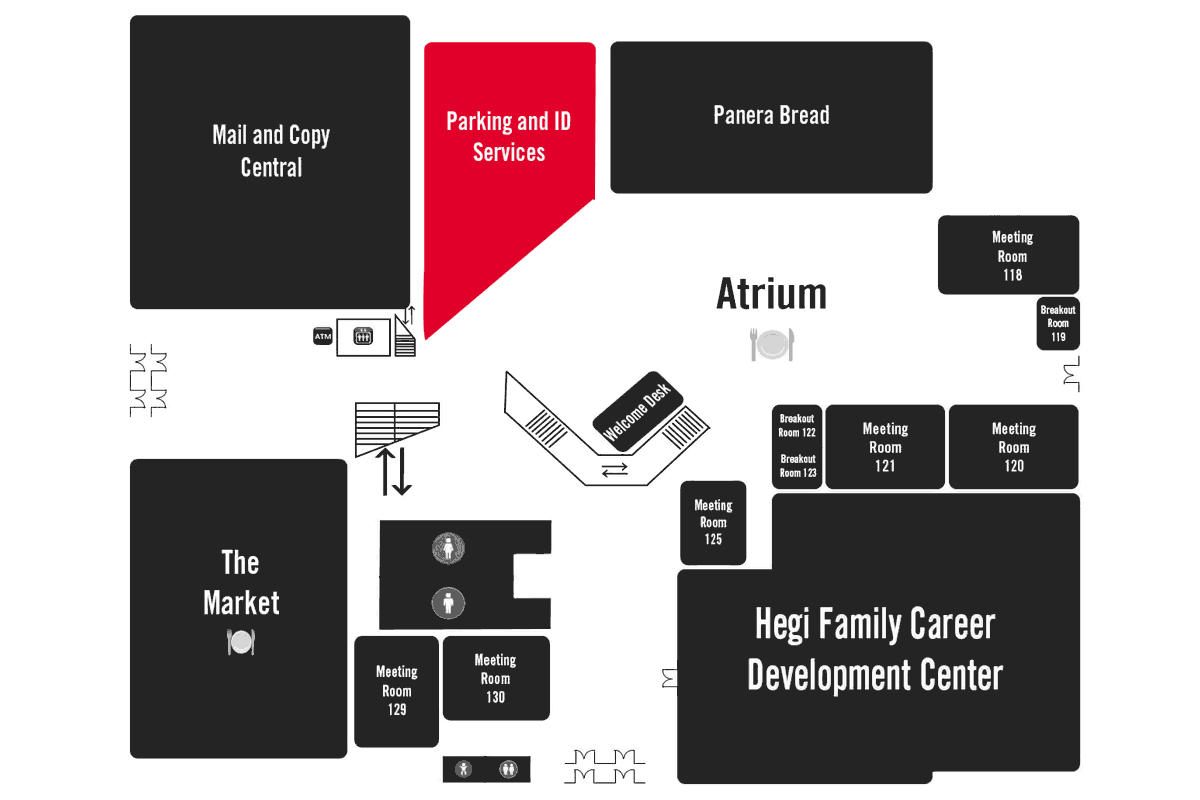 map of the Hughes-Trigg Student Center, highlighting the locations of the Parking & ID Services office.