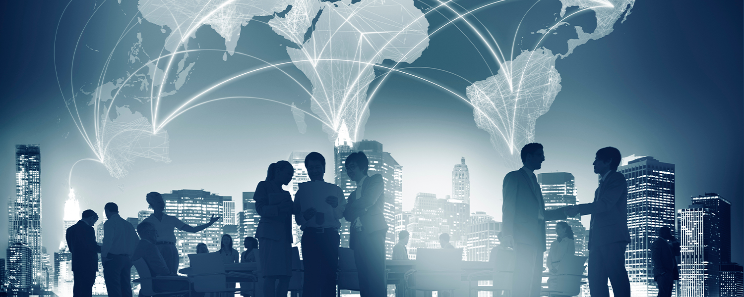 Silhouettes of people interacting against a downtown background with a globe in the sky showing connections between various cities