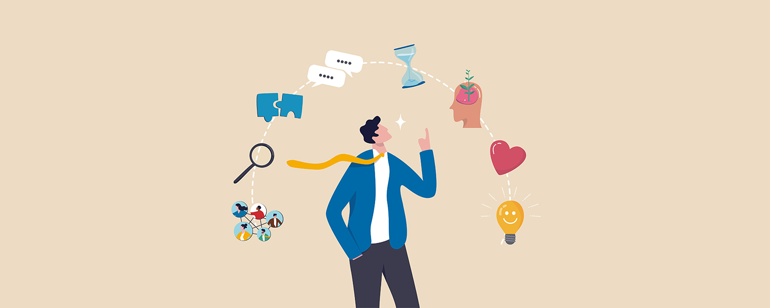 An illustration of a businessman surrounded by several icons representing soft skills.