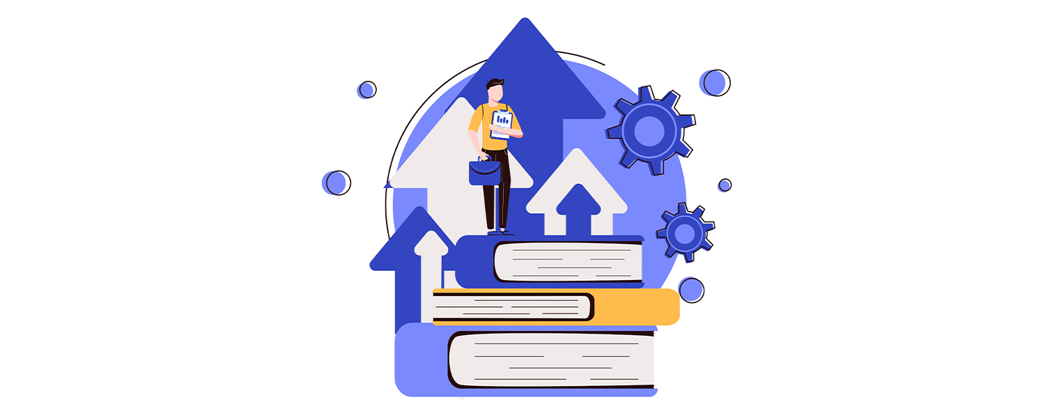 An illustration of a man standing on a pile of books, with arrows in the background pointing up.