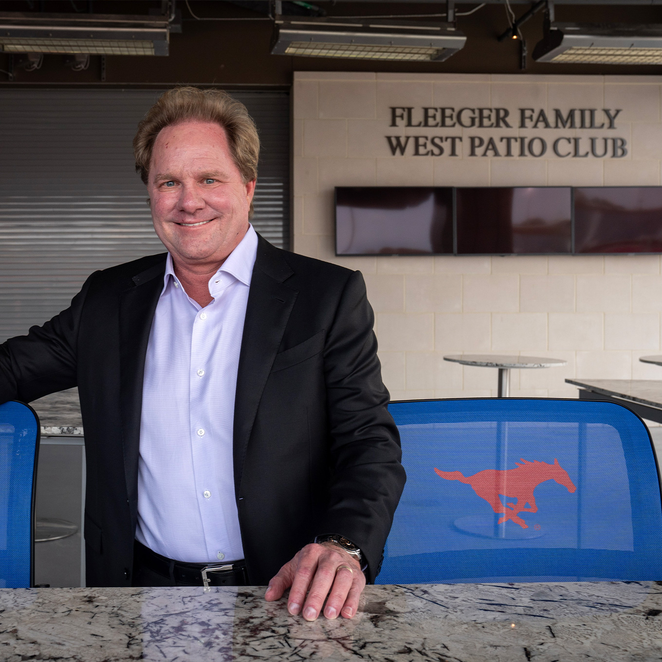 Matthew H. Fleeger ’87 in the Fleeger Family West Patio Club area of the Garry Weber End Zone Complex.