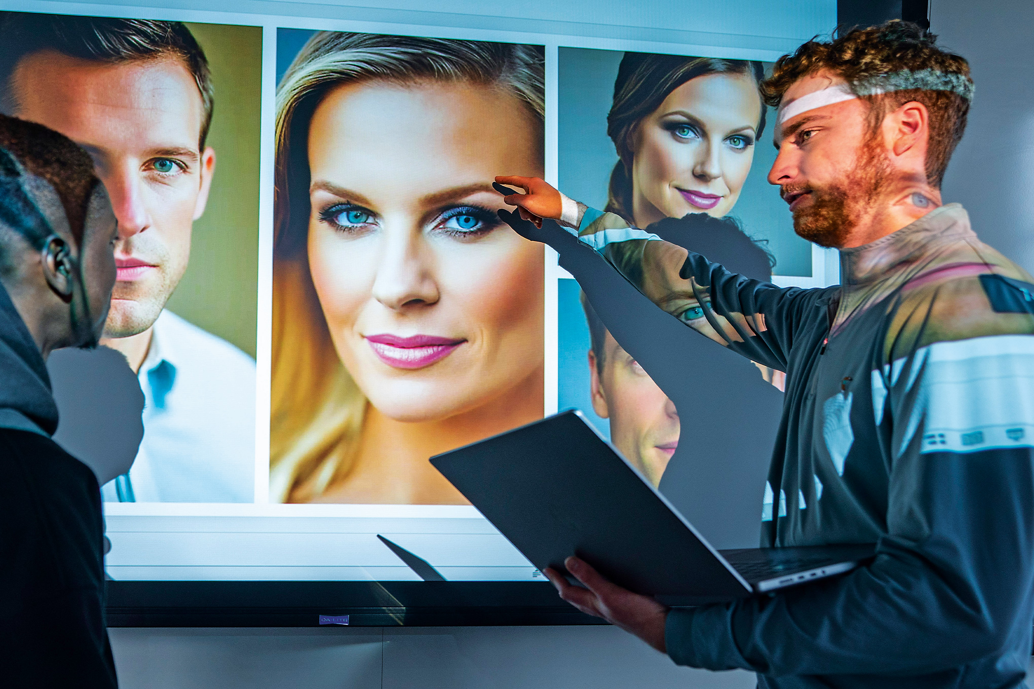 Eli Laird ’21, ’23, ’27 examines a screen with images of different human faces
