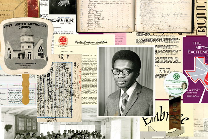 A compilation of items from the Archives exhibit including a hand fan, photographs, and papers.