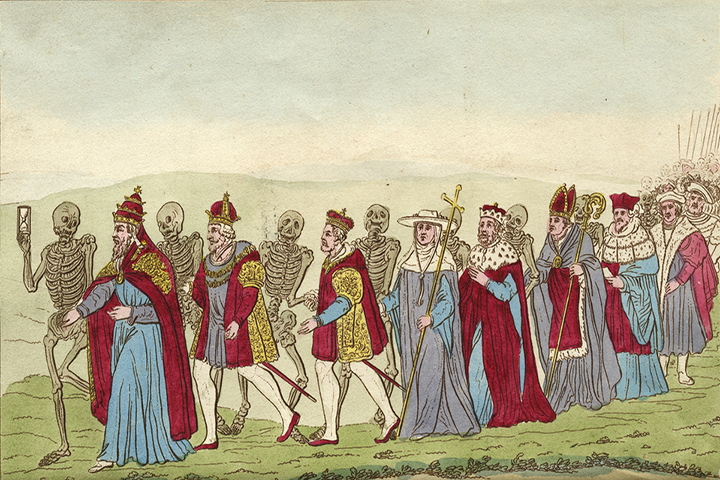 Colorful Dance of Death procession of skeletons with religious and royal men.