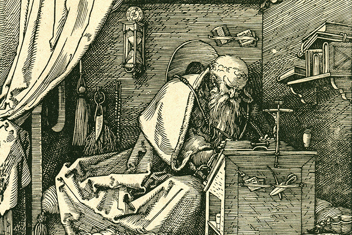 black and white print of St. Jerome and a lion