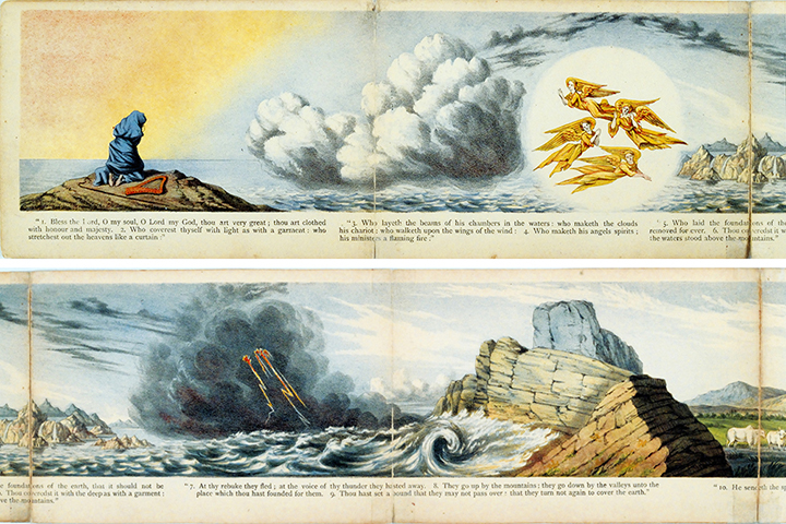 Verses 1-9 of Psalm 104. Above the text of the Psalms, King David is shown covering his head and then transitions to landscapes as described in the text.