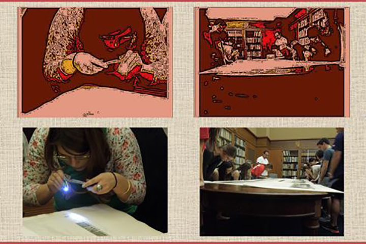 photos of students looking at material