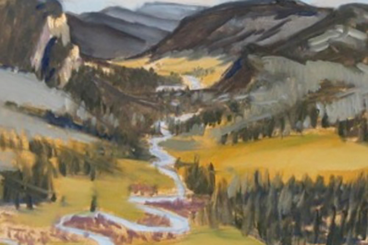 Artwork featuring mountains and a stream