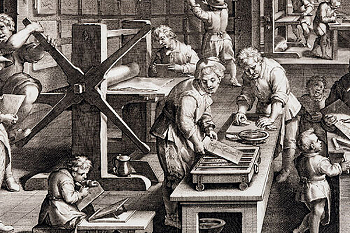 vintage black and white scene of a sculptor's studio
