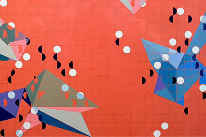 blue, black. and white shapes on red orange background