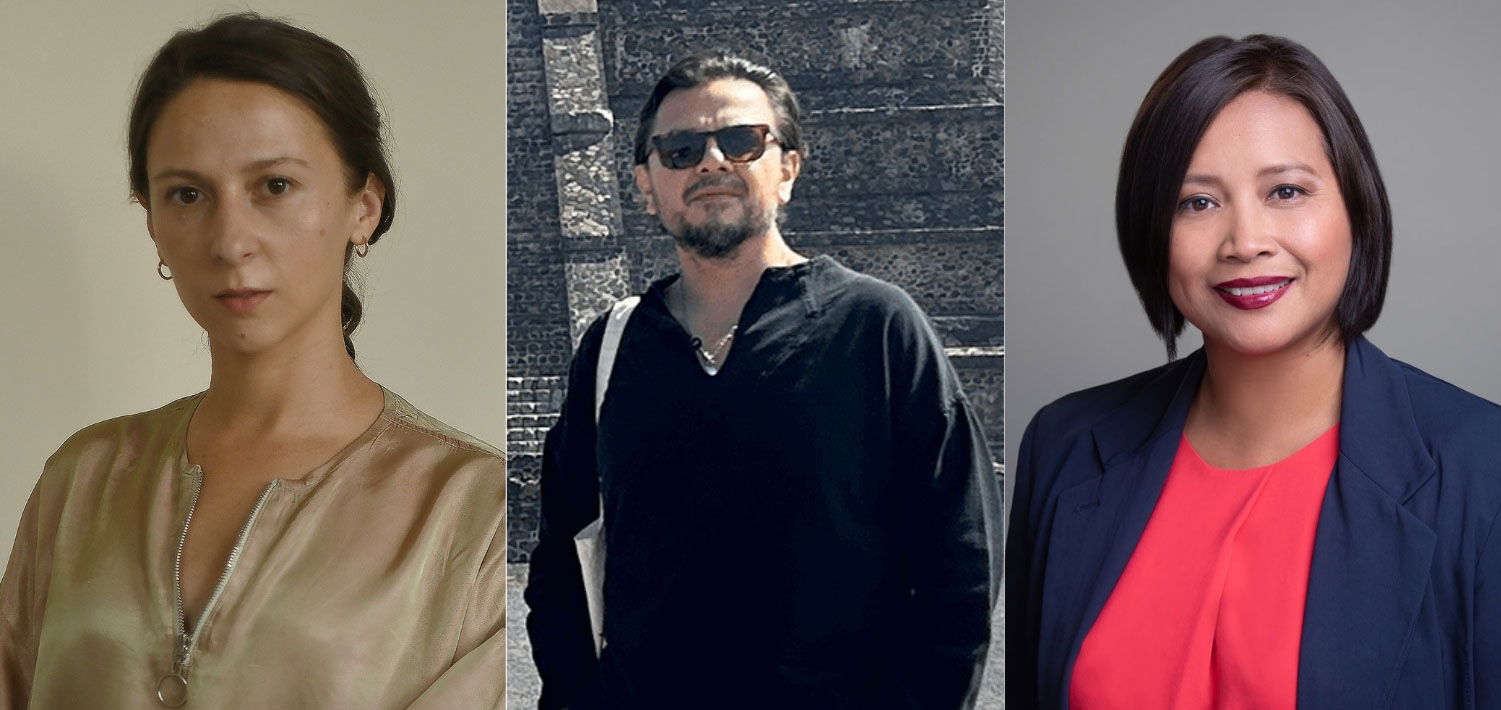 Headshots of new Meadows faculty Martha Poggioli, Daniel Rioses Rodriguez, and Kristina Vera-Phillips