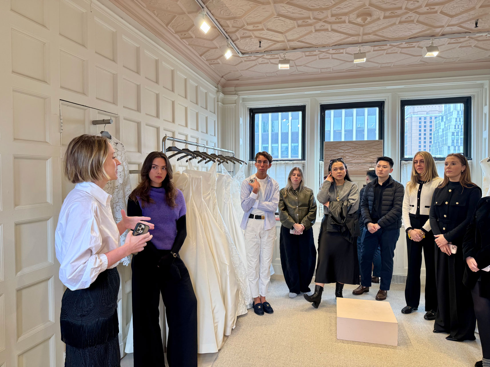 Students attend a tour of fashion brand Lela Rose in NYC.
