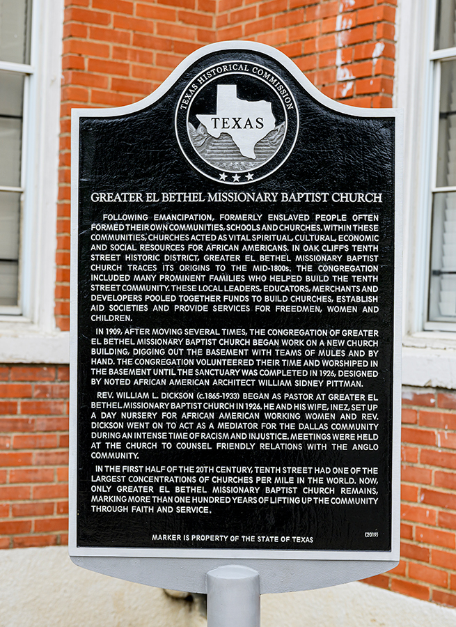 Texas Historical Commission marker for the Greater El Bethel Baptist Church