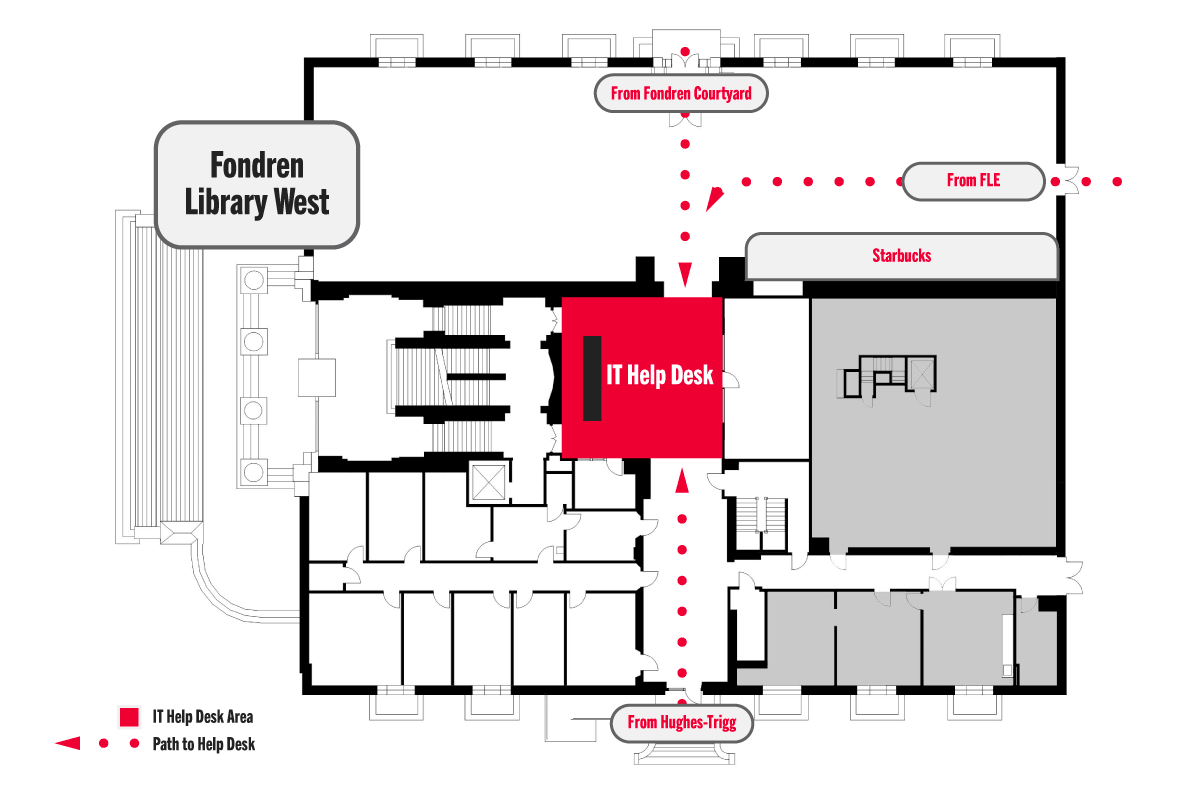Map of the locations of the IT Help Desk within Fondren Library. 