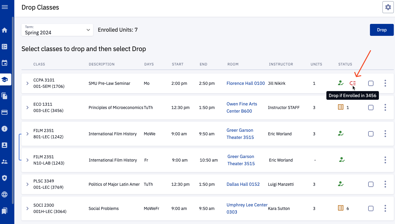 A screenshot of the Drop/Swap confirmation information in your Student Dashboard.