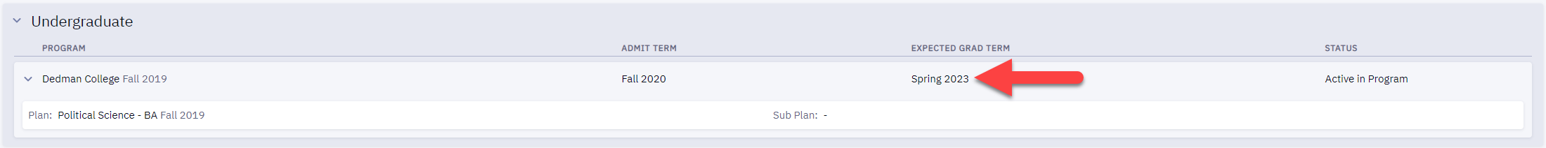A screenshot of the locations of expected grad term within the Student Dashboard.